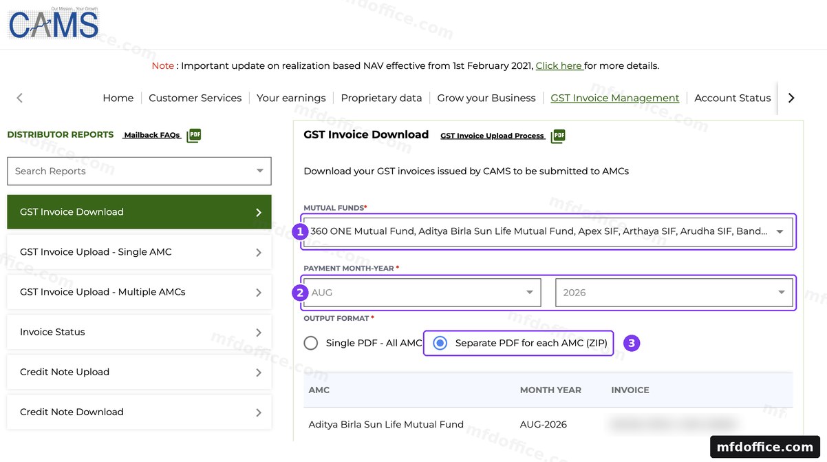 The CAMS GST Invoice Download screen. The fund house picker is marked 1, the payment month and year boxes are marked 2, and the Output format choice is marked 3.