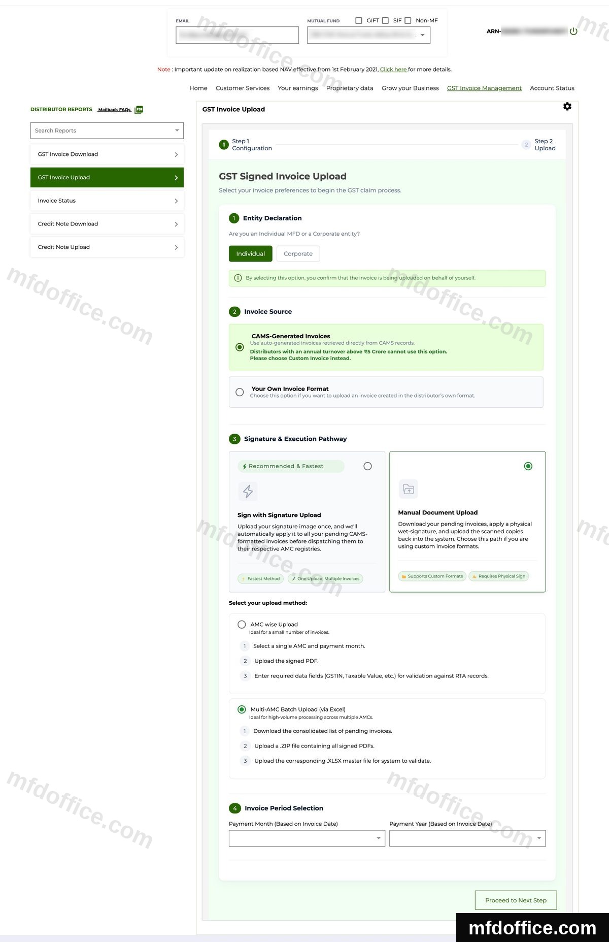 The CAMS GST Invoice Upload wizard. Individual and CAMS-Generated Invoices are picked, and under Signature and Execution Pathway, Manual Document Upload is picked, not Sign with Signature Upload, with Multi-AMC Batch Upload (via Excel) selected below.