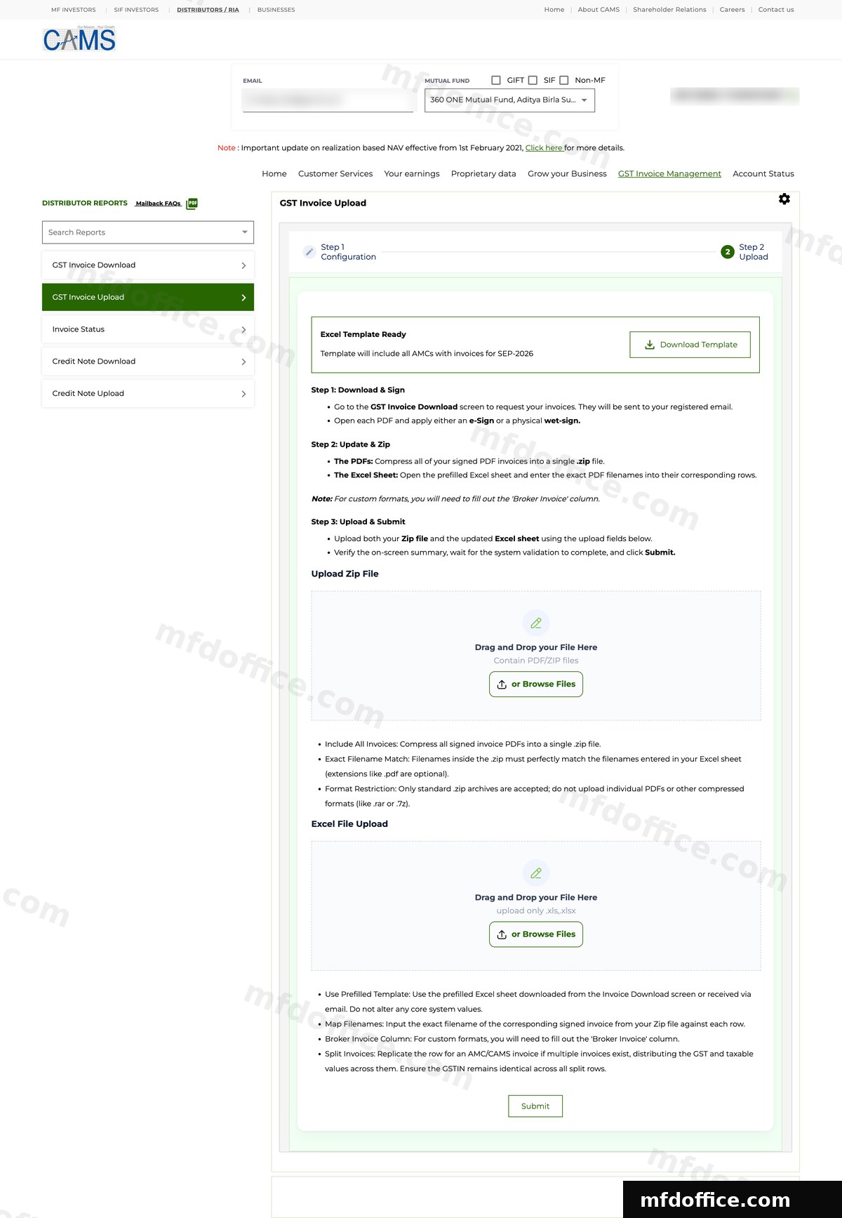 The CAMS Upload screen with an Excel Template Ready banner and a Download Template button at the top, and two drag and drop boxes below, Upload Zip File and Excel File Upload.