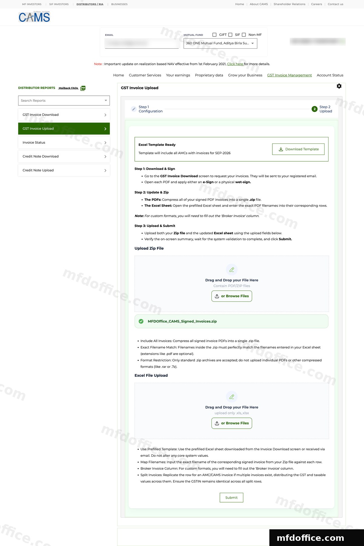 The CAMS Upload screen with the ZIP file already dropped in, shown as a green MFDOffice_CAMS_Signed_Invoices.zip chip, while the Excel File Upload box below is still empty.