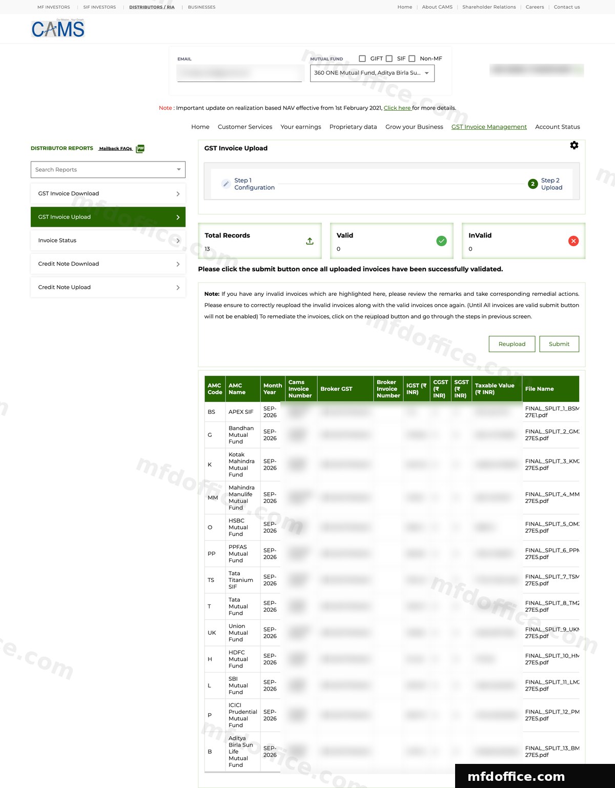 The CAMS validation screen right after upload, showing Total Records 13, Valid 0, and InValid 0, with the invoice table below not yet marked validated.