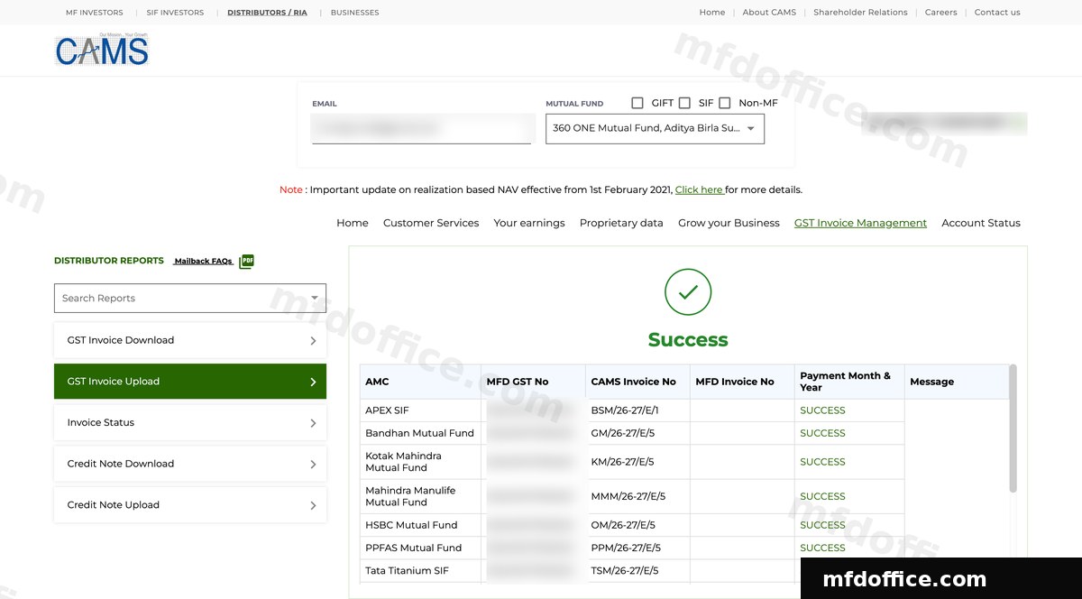 The CAMS Success screen with a green checkmark and a table listing each fund house against SUCCESS.