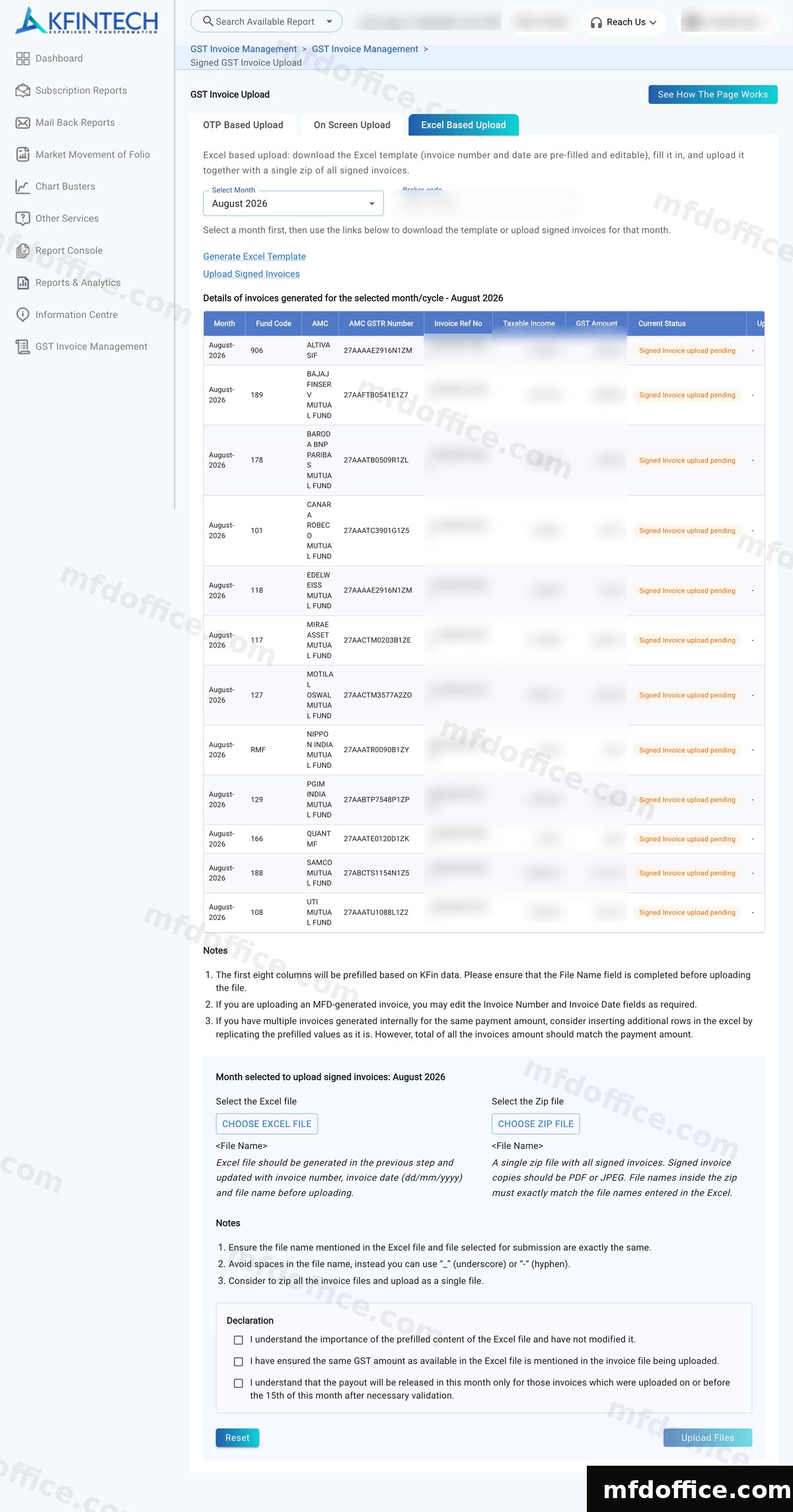 The KFIN upload panel below the invoice table, with two empty file choosers, Select the Excel file and Select the Zip file, and three unticked declaration checkboxes above the Upload Files button.