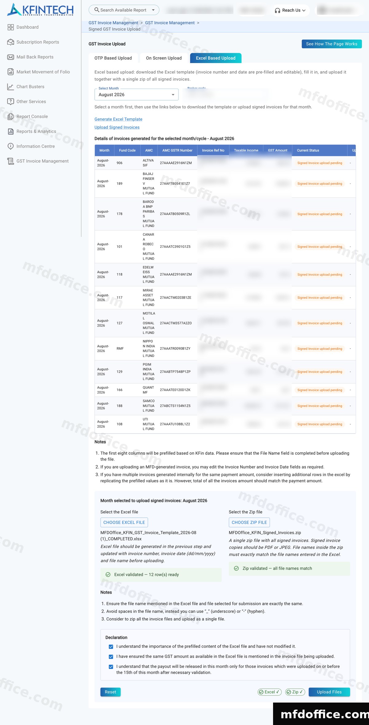 The KFIN upload panel with both files chosen and validated, Excel validated 12 rows ready and Zip validated all file names match, all three declaration checkboxes ticked, and the Upload Files button ready to press.